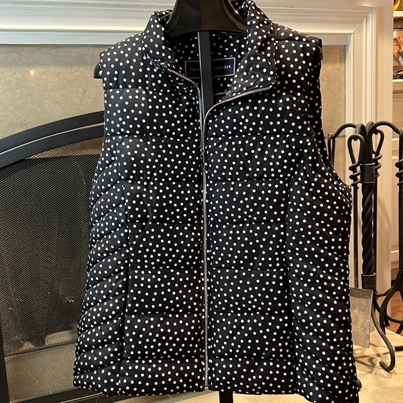 Tommy Hilfiger black quilted vest with white polka dots large - Picture 1 of 4